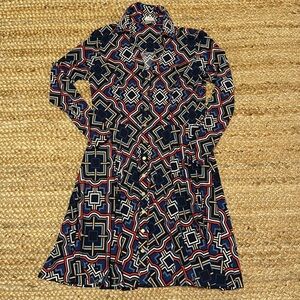 Cache Geometric Career Dress Button Front V Neck A Line Pleated Blue Red Size 12